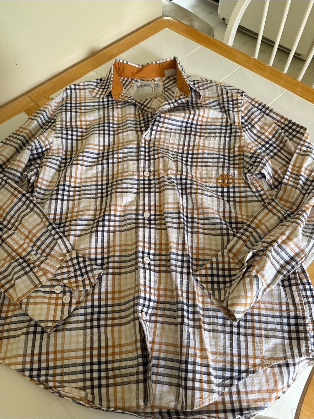Timberland Men’s Plaid Button Down Long Sleeve Collared Seersucker Shirt